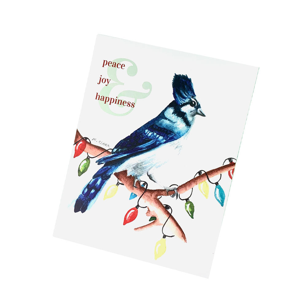 Peace and Joy and Happiness. Watercolor Blue Jay with Christmas Lights Card. Christmas Card for Women.