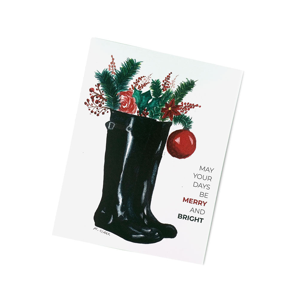 Watercolor Christmas Boots Card. Holiday Greeting Cards for Christian Women.