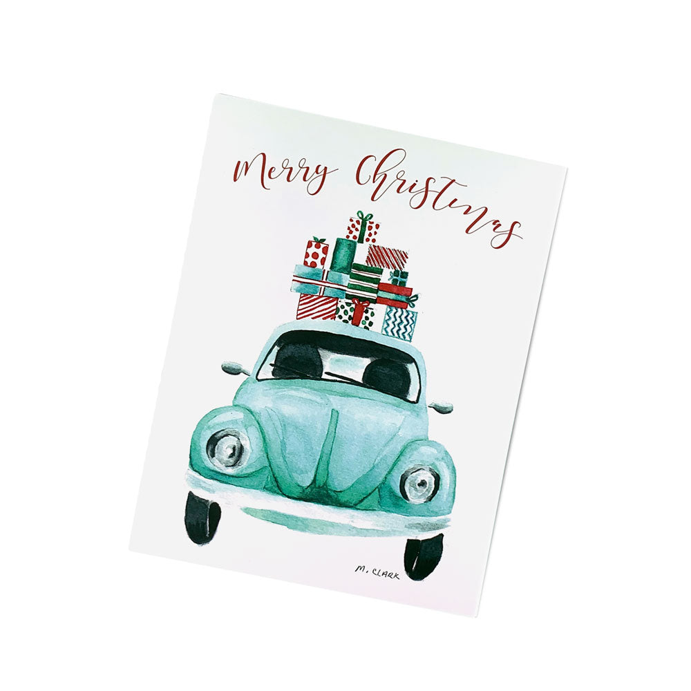 Watercolor Christmas VW Bug Card. Holiday Merry Christmas Greeting Cards for Christian Women.