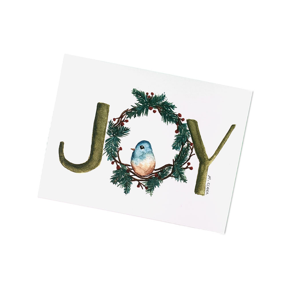 Watercolor Christmas Card with bird sitting in Christmas Wreath and the word JOY. Holiday Greeting Cards for Christian Women.