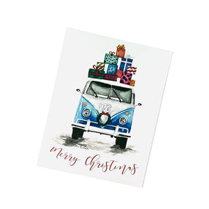 Watercolor Christmas VW Van Set. Holiday Greeting Cards for Christian Women.