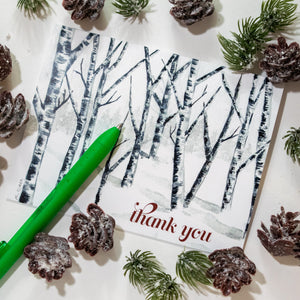 Winter Thank You card with pinecones and green pen. Watercolor Thank You Cards for Women
