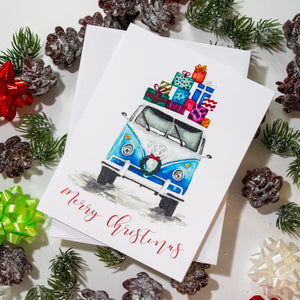 Watercolor Christmas VW Van. Merry Christmas Card. Greeting Cards for Christian Women.
