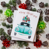 Watercolor Christmas VW Bug. Merry Christmas Card. Greeting Cards for Christian Women.