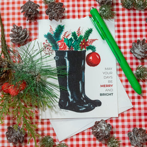 Christmas Boots that say "May Your Days Be Merry and Bright." Holiday Greeting Cards for Christian Women.